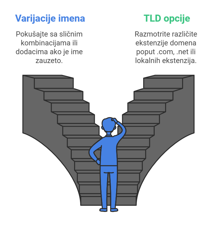 Ilustracija osobe koja stoji između dva stepeništa, jedno označeno kao „Varijacije imena“, a drugo kao „TLD opcije“, simbolizujući načine za odabir dostupnog domena.