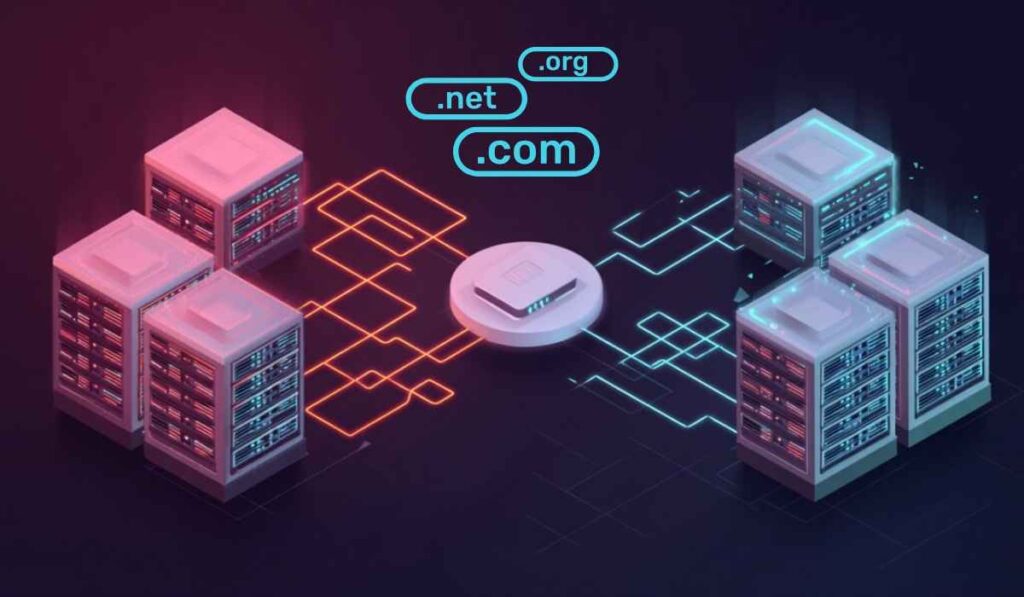 Ilustracija serverskih jedinica povezanih mrežnim linijama, sa oznakama .com, .net i .org koje simbolizuju domene u digitalnoj infrastrukturi