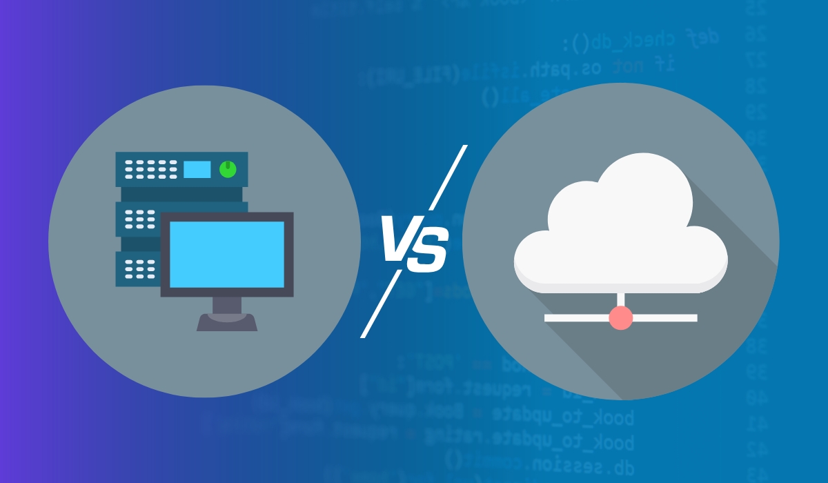 Ilustracija koja poredi namenski server sa cloud hostingom, prikazana podeljeno sa oznakom "VS" na sredini.