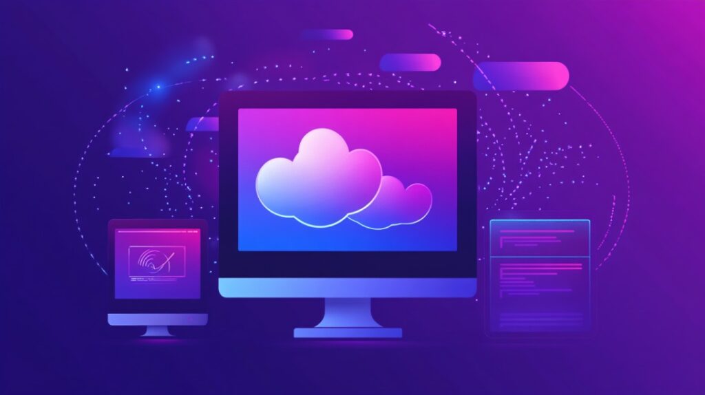 Ilustracija ekrana računara sa cloud simbolom, simbolizujući web hosting u digitalnom okruženju