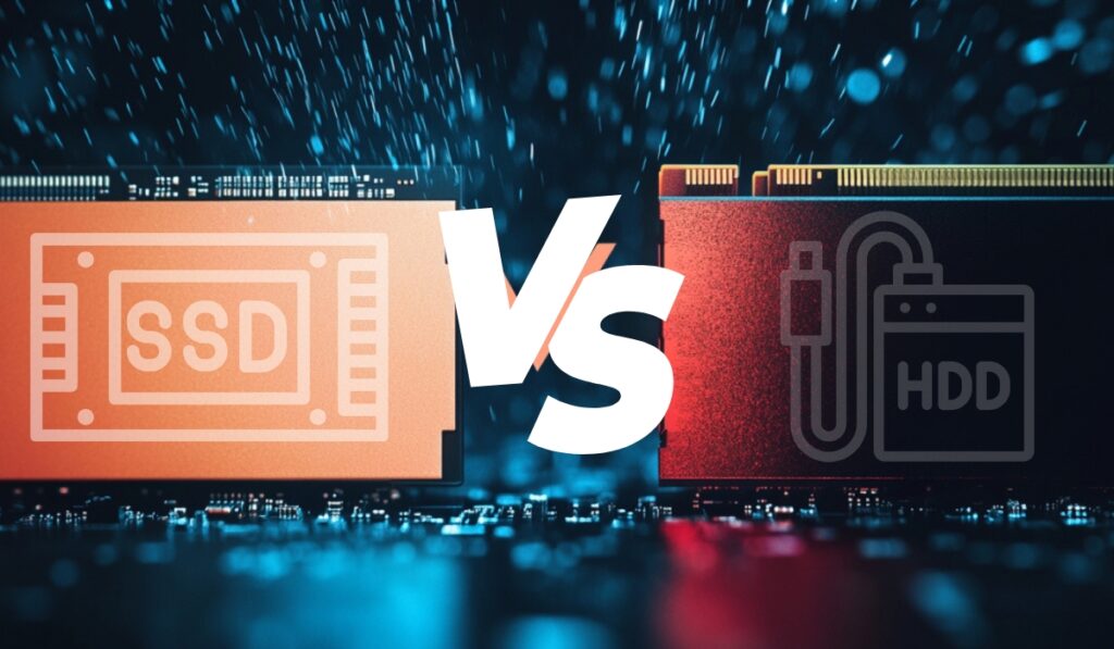 Grafički prikaz SSD i HDD komponenti sa natpisom 'VS' na digitalnoj pozadini