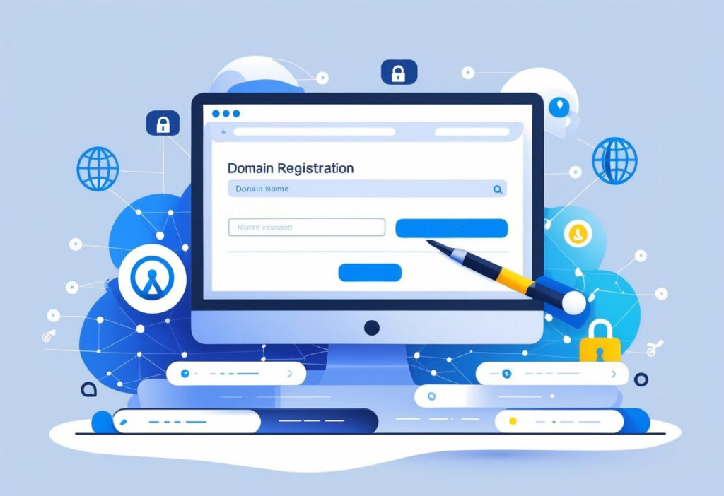 Ilustracija monitora sa prikazom forme za registraciju domena, okružena ikonama interneta, sigurnosti i povezivanja