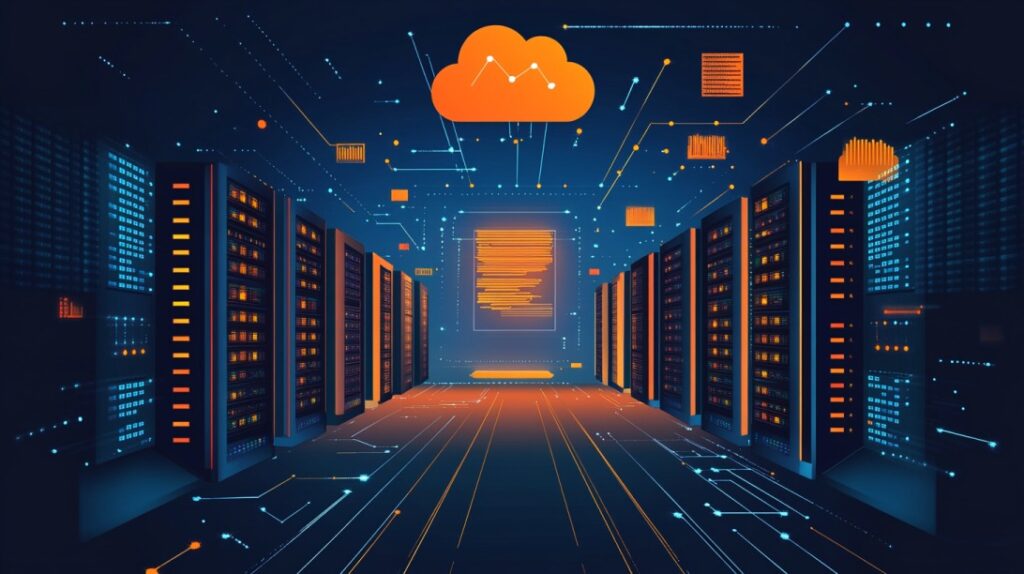 Futuristička serverska sala sa narandžastim Cloud ikonom i apstraktnim digitalnim linijama