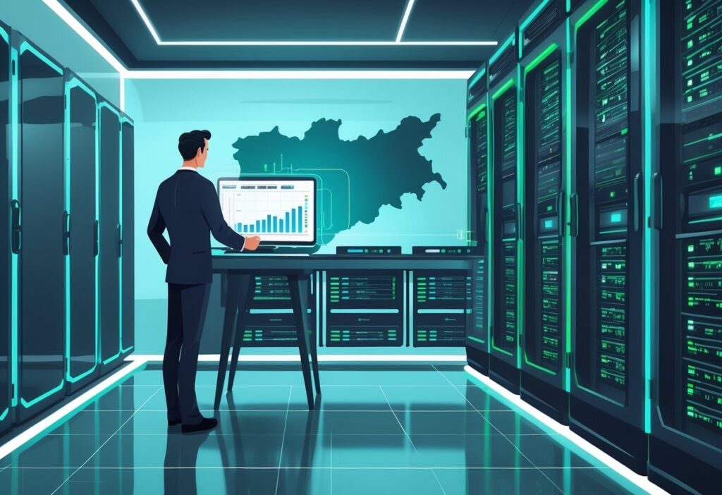 Čovek u odelu stoji ispred laptopa u server sali, sa mapom Srbije u pozadini, gledajući grafikon performansi