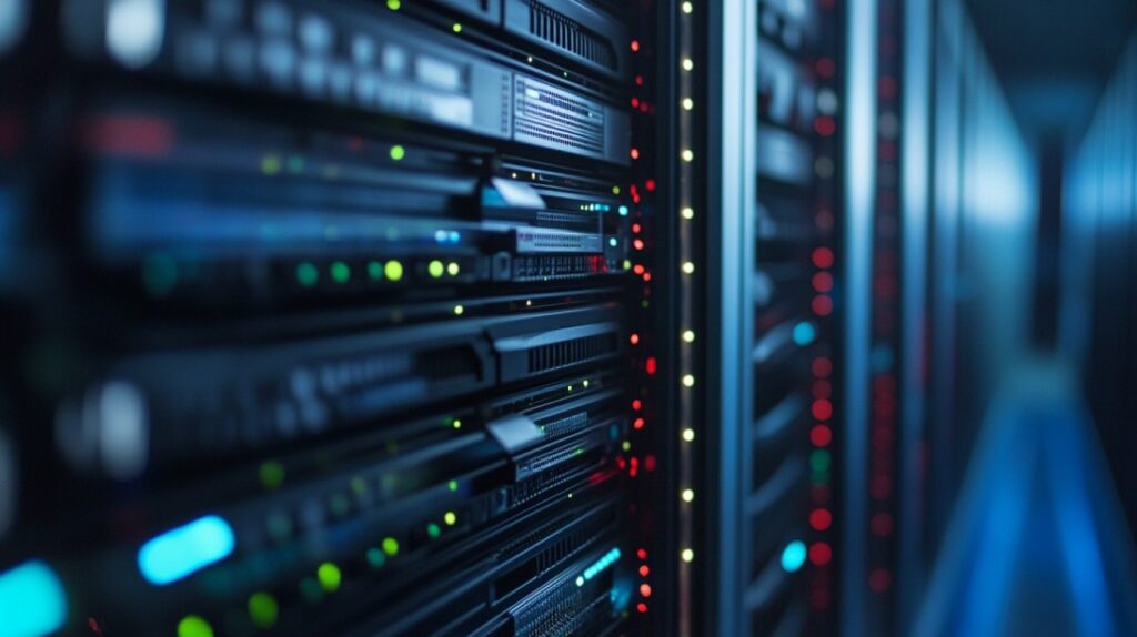 Detaljan prikaz serverskih rekova sa svetlećim lampicama u server sali