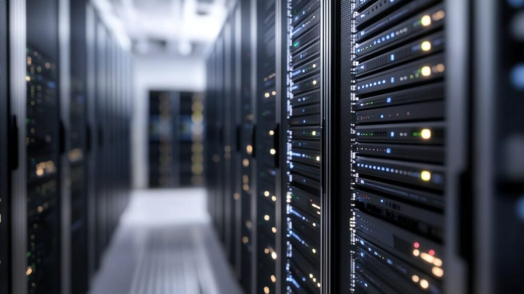 Detaljan prikaz redova serverskih rekova sa trepćućim svetlima u data centru
