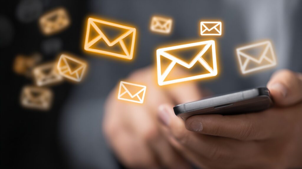 Ruka koja drži pametni telefon, okružena animiranim simbolima email poruka koje lebde iznad ekrana