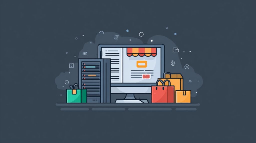 Ilustracija računara sa online prodavnicom, serverima i šoping kesama oko njega