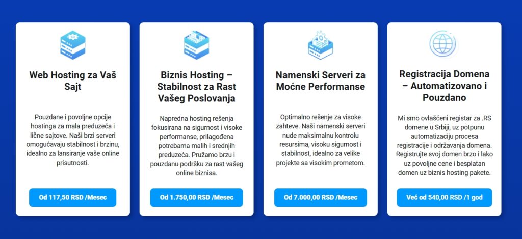 Četiri hosting paketa sa cenama: web hosting, biznis hosting, namenski serveri i registracija domena.