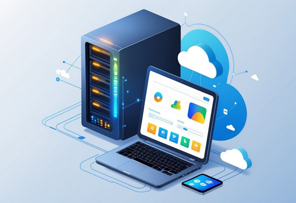 Ilustracija servera, laptopa i cloud tehnologije