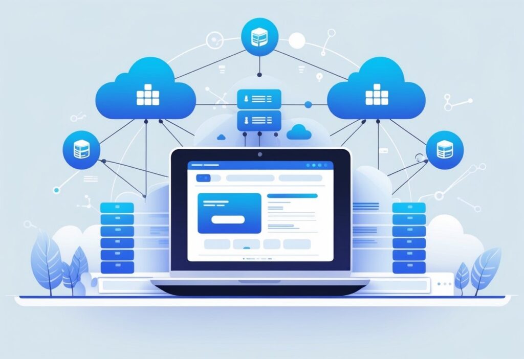 Ilustracija laptopa povezanog sa cloud serverima
