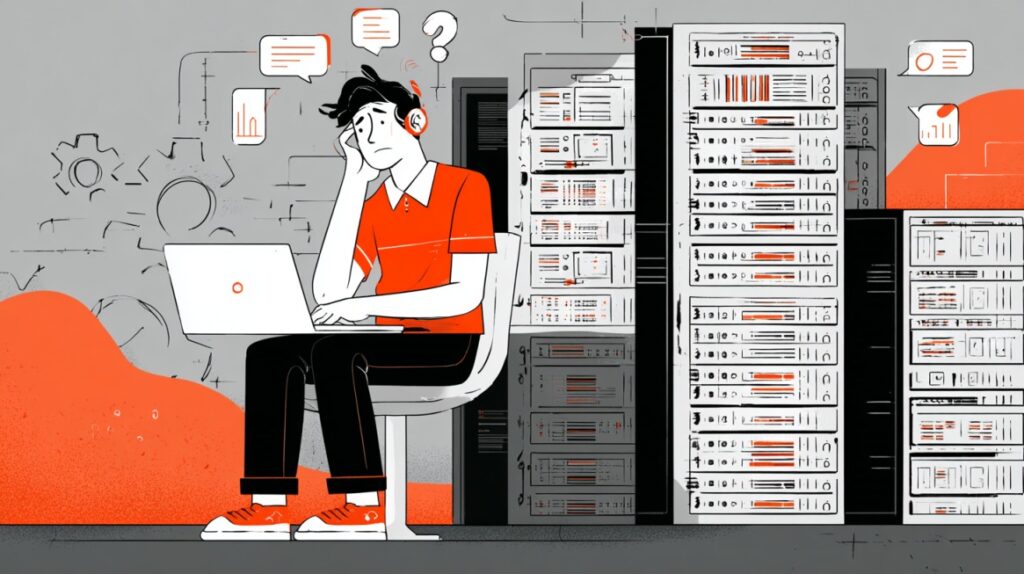 Ilustracija osobe koja sedi ispred laptopa i servera, zbunjena zbog tehničkih problema