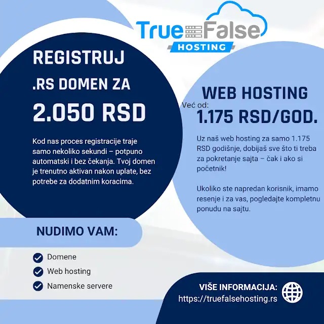 Reklama za TrueFalse Hosting sa ponudom domena i web hostinga po promotivnim cenama