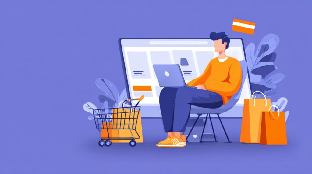 Ilustracija osobe koja kupuje online putem laptopa, okružena šoping kesama i korpom