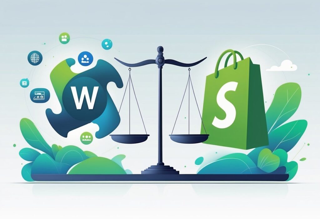 Ilustracija koja prikazuje vagu sa logotipima WooCommerce i Shopify, simbolizujući poređenje i izbor između ove dve e-commerce platforme