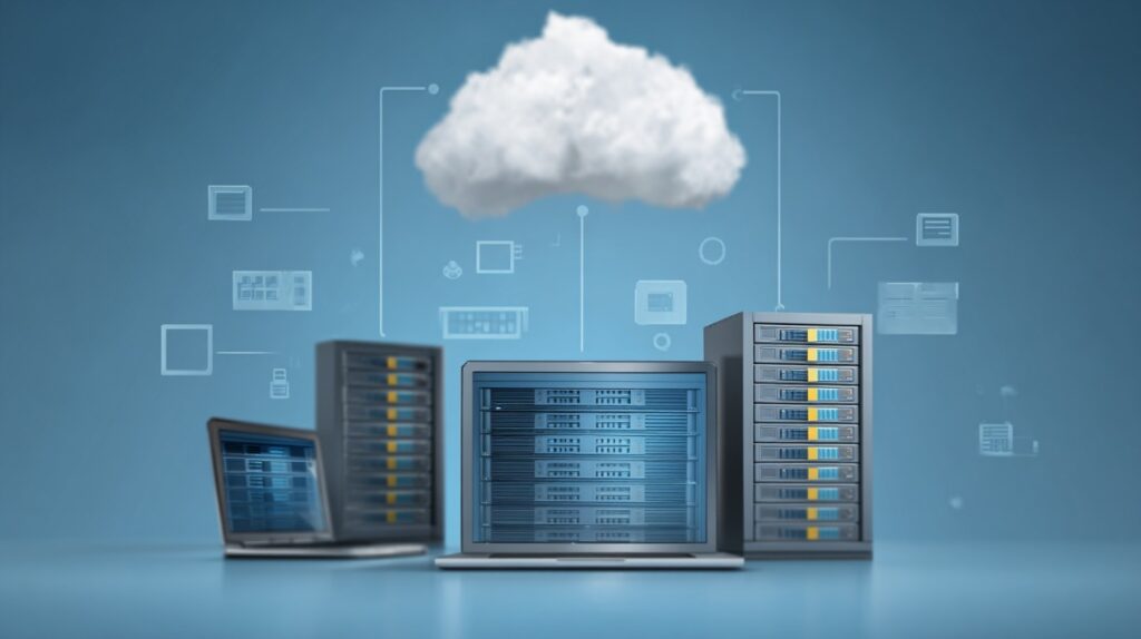 Oblak iznad serverskih jedinica i laptopa, simbolizujući cloud hosting.