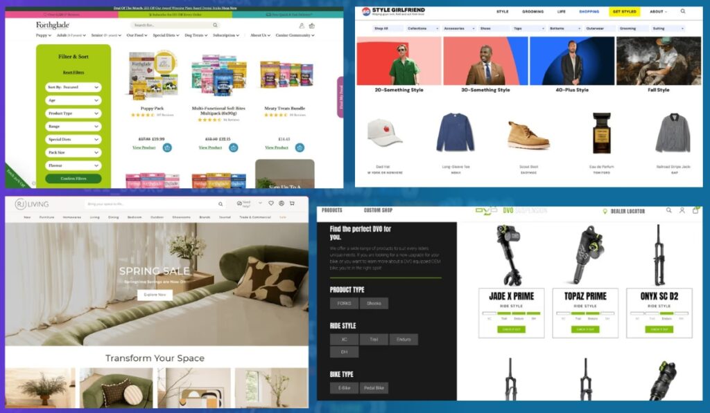Kolaž ekrana sa primerima online prodavnica napravljenih pomoću WooCommerce-a i Shopify-ja, uključujući sajtove za hranu za pse, modu, nameštaj i biciklističku opremu