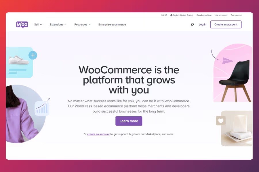 Screenshot početne stranice WooCommerce platforme sa sloganom „WooCommerce is the platform that grows with you“, namenjen za kreiranje i upravljanje online prodavnicama