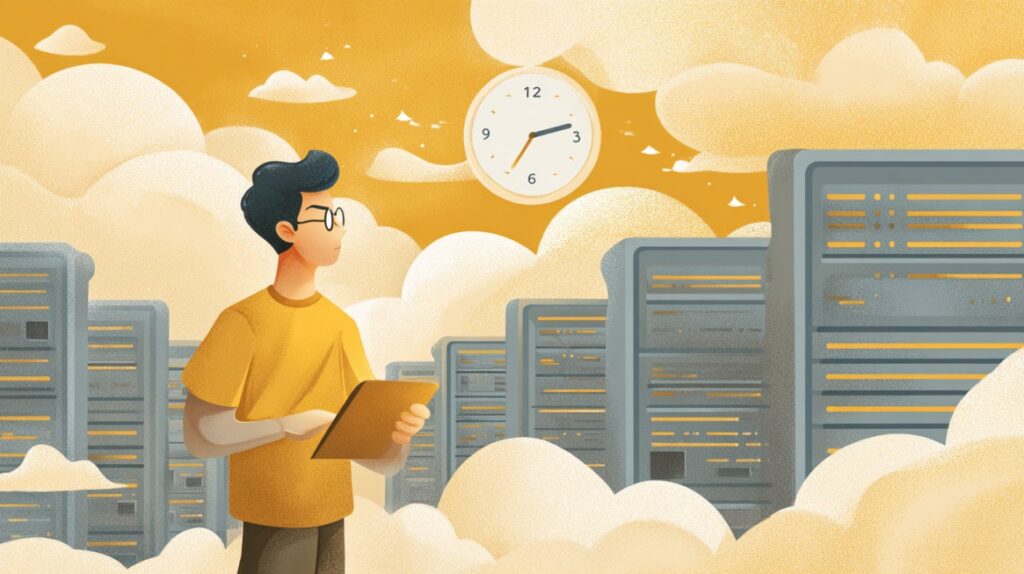 Ilustracija osobe sa tabletom koja stoji među serverima okruženim oblacima, dok sat na nebu pokazuje vreme, simbolizujući planiranje i tajming migracije