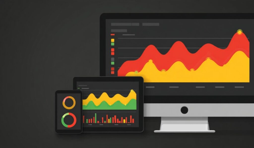 Ilustracija monitora, tableta i telefona sa grafikonima u crvenoj, žutoj i zelenoj boji koji prikazuju performanse i saobraćaj sistema
