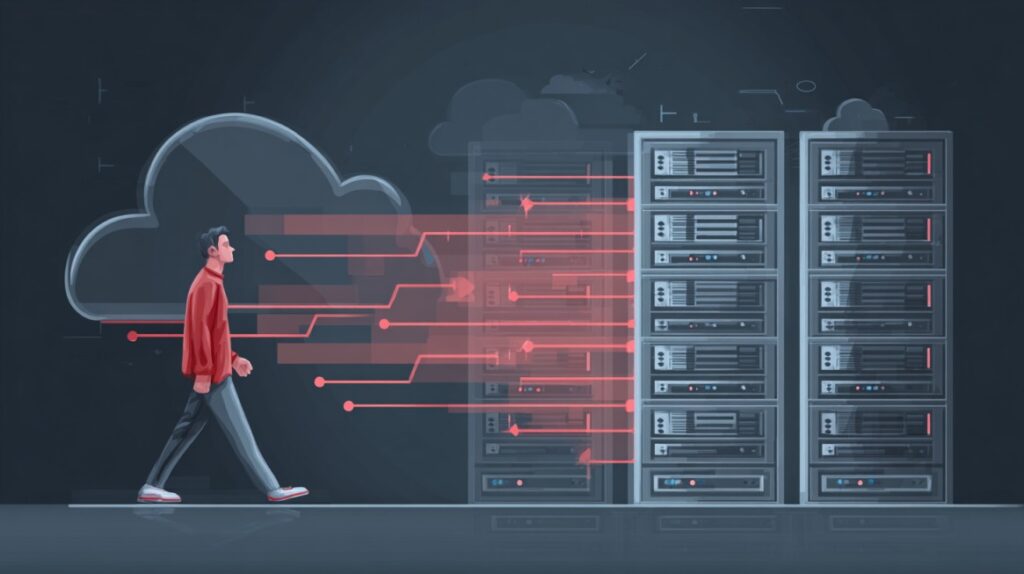Ilustracija osobe koja hoda prema serverima dok se podaci u vidu crvenih linija prenose iz oblaka u servere, simbolizujući proces migracije podataka