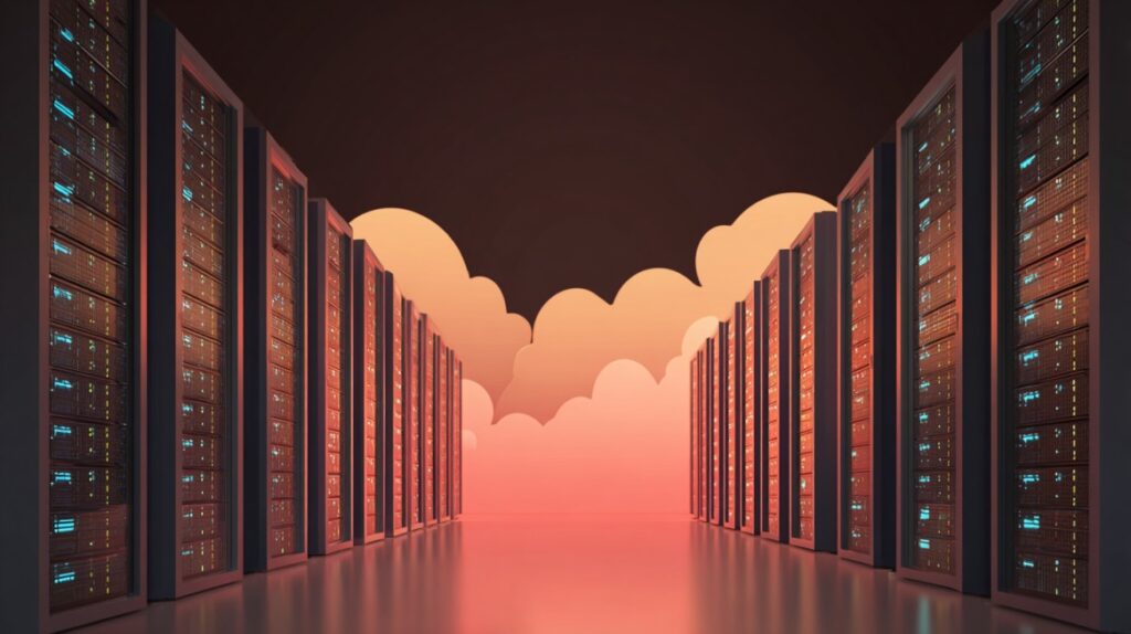 Ilustracija data centra sa redovima servera osvetljenih narandžastim i plavim svetlima, uz oblake u pozadini koji simbolizuju cloud tehnologiju i namenski server