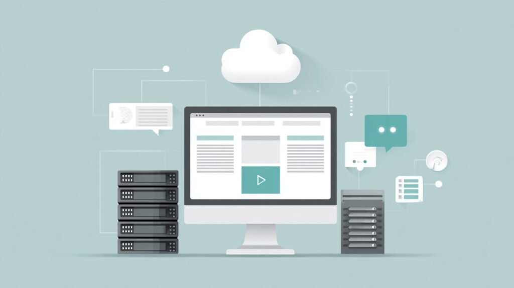 Ilustracija monitora povezanog sa serverima i cloud simbolom, uz elemente komunikacije poput poruka i dijagrama, koji predstavljaju koordinaciju tokom IT migracije