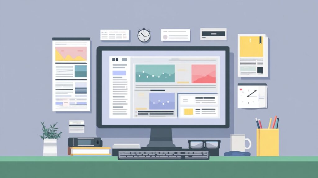 Ilustracija radnog stola sa monitorom koji prikazuje različite web module i grafike