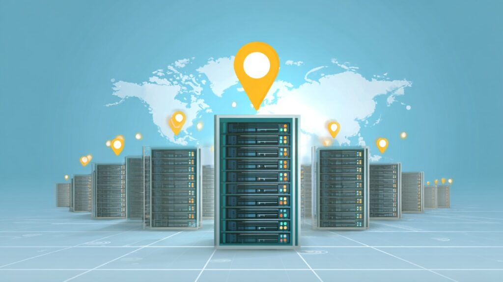 Ilustracija servera raspoređenih širom sveta sa pin lokatorima na mapi