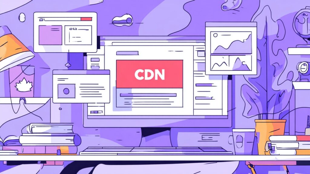 Ilustracija ekrana sa oznakom CDN okruženog raznim elementima web stranica