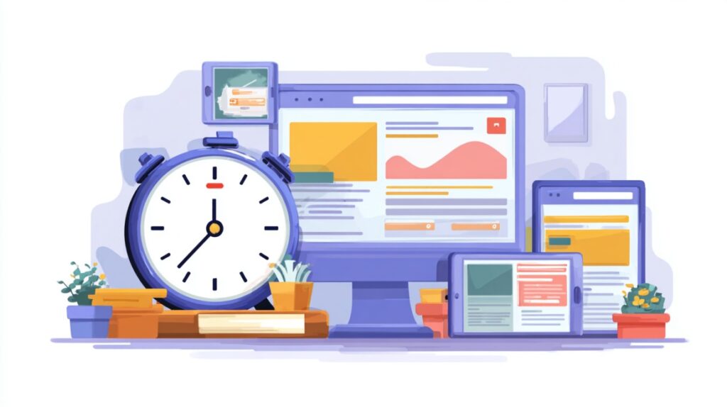 Ilustracija velikog sata ispred više ekrana koji prikazuju web sadržaj