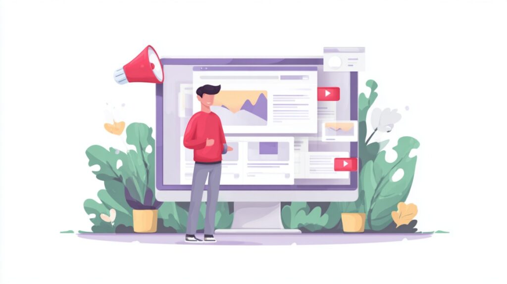 Ilustracija osobe ispred velikog ekrana preplavljenog oglasima i video elementima