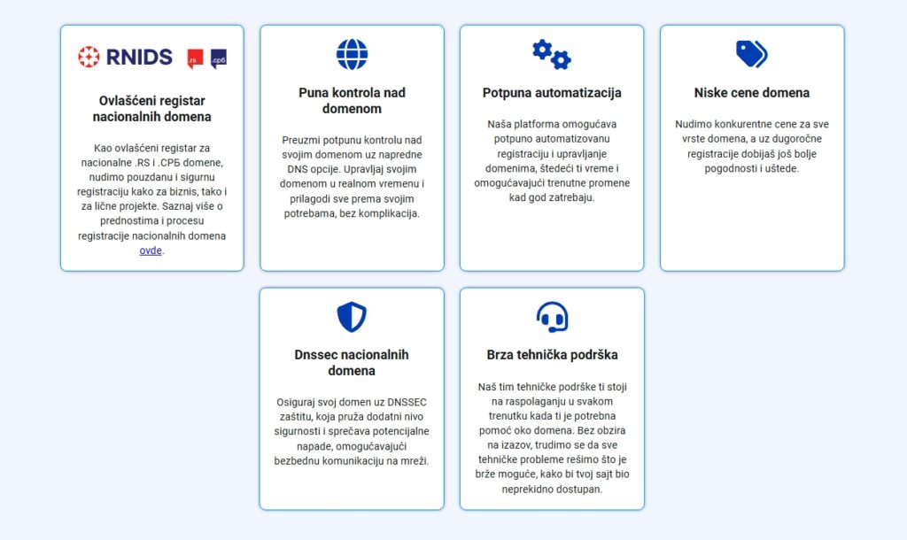 Tabelarni prikaz benefita .RS domena kao što su niska cena, automatizacija, DNSSEC zaštita i tehnička podrška