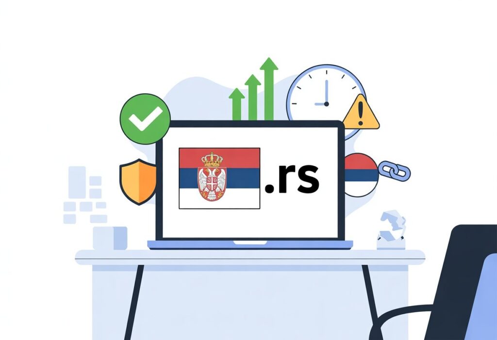 Laptop sa prikazom .rs domena i srpske zastave okružen ikonama