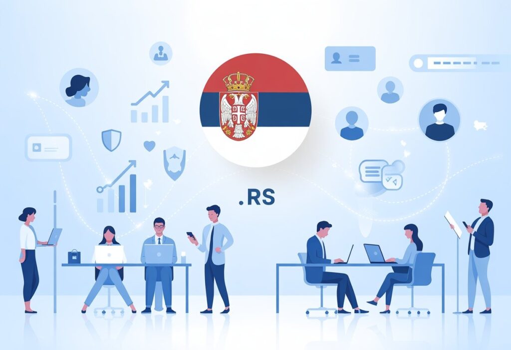 Ilustracija .rs domena sa srpskom zastavom i poslovnim ljudima koji koriste laptopove