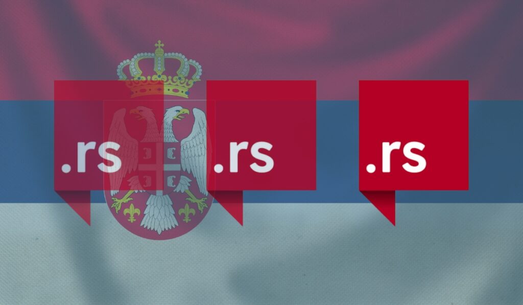 Prikaz nacionalne srpske zastave sa oznakama .rs domena u centru